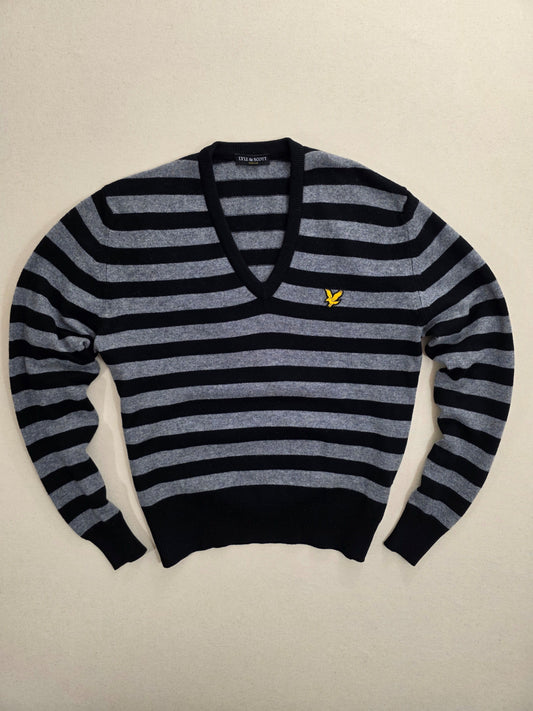 Sweter męski Lyle & Scott wełniany w paski szarno-czarny roz. L – widok tyłu | vntg.studio™