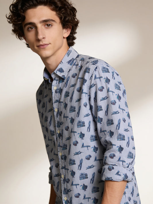 Desigual Koszula Męska w Mikropaski z Nadrukiem | Oxford | Rozm. L – widok frontu | vntg.studio™