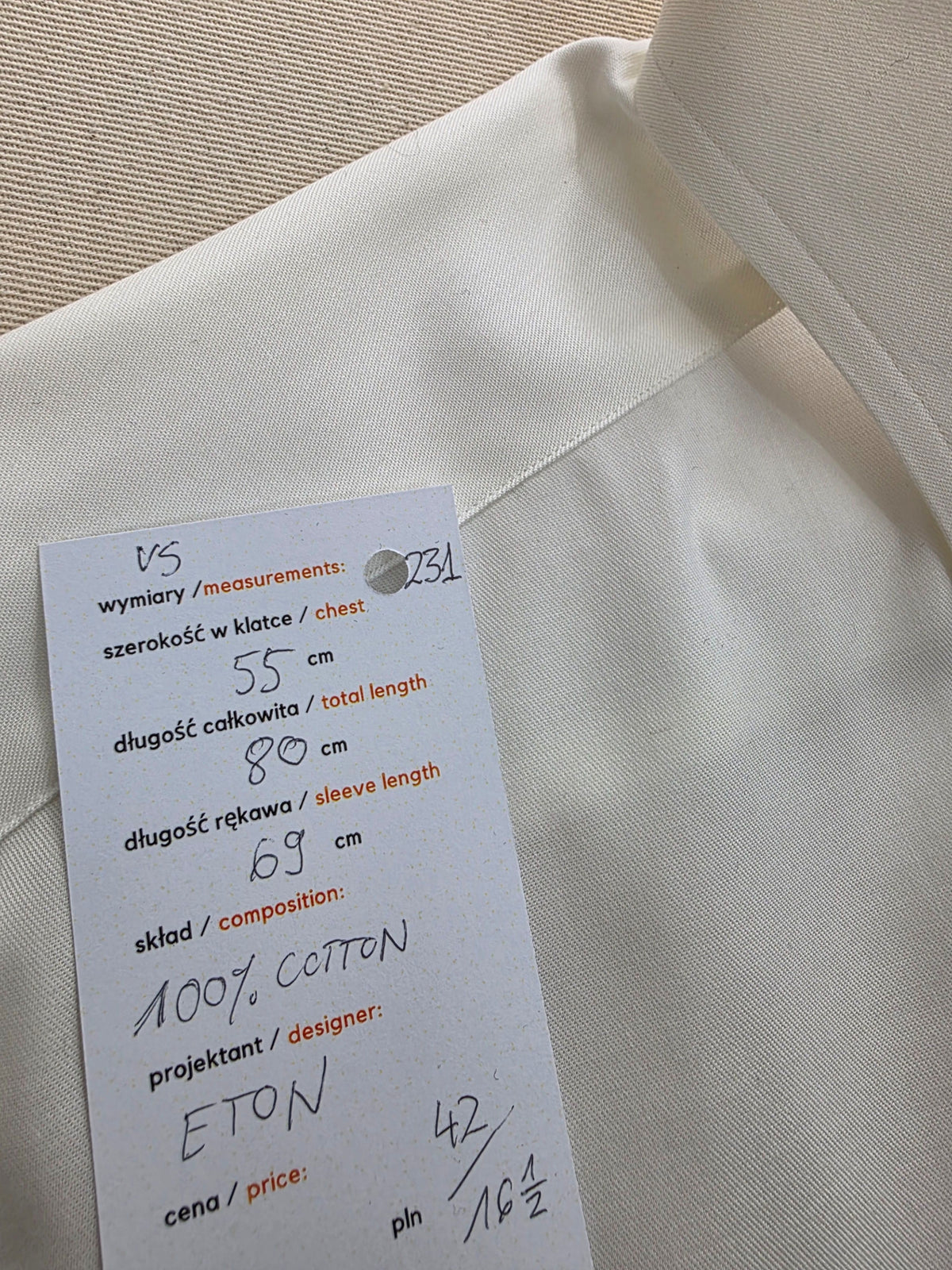 Koszula męska Eton kremowa Slim Fit elegancka roz. 42 / 16.5