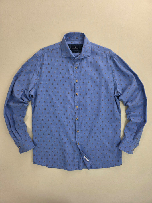 Koszula męska Hansen & Jacob bawełniana niebieska wzór vintage Made in Italy rozmiar L – widok frontu | vntg.studio™