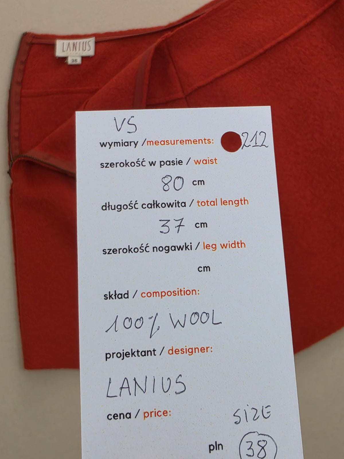 Spódnica mini Lanius 100% virgin wool rudoczerwona roz. 38