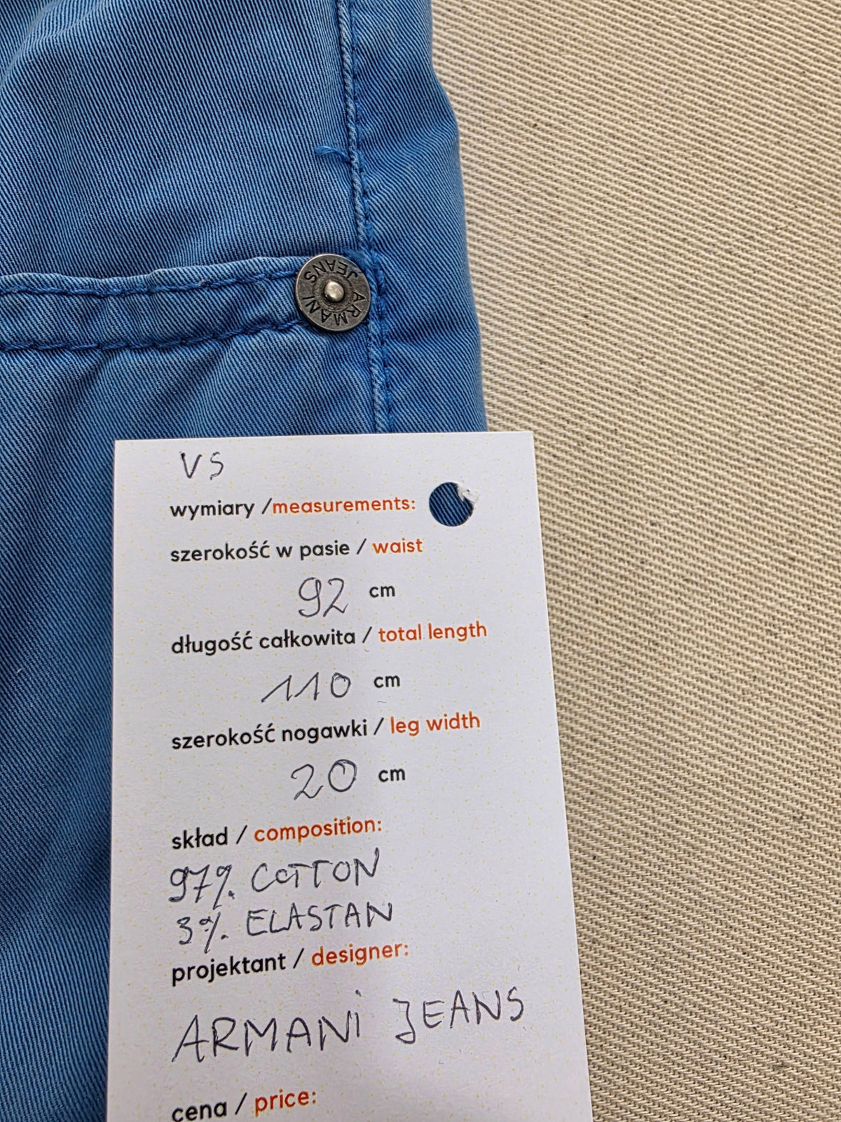 Spodnie męskie Armani Jeans niebieskie chinosy J45 Regular Fit roz. W36 – detal 5 | vntg.studio™