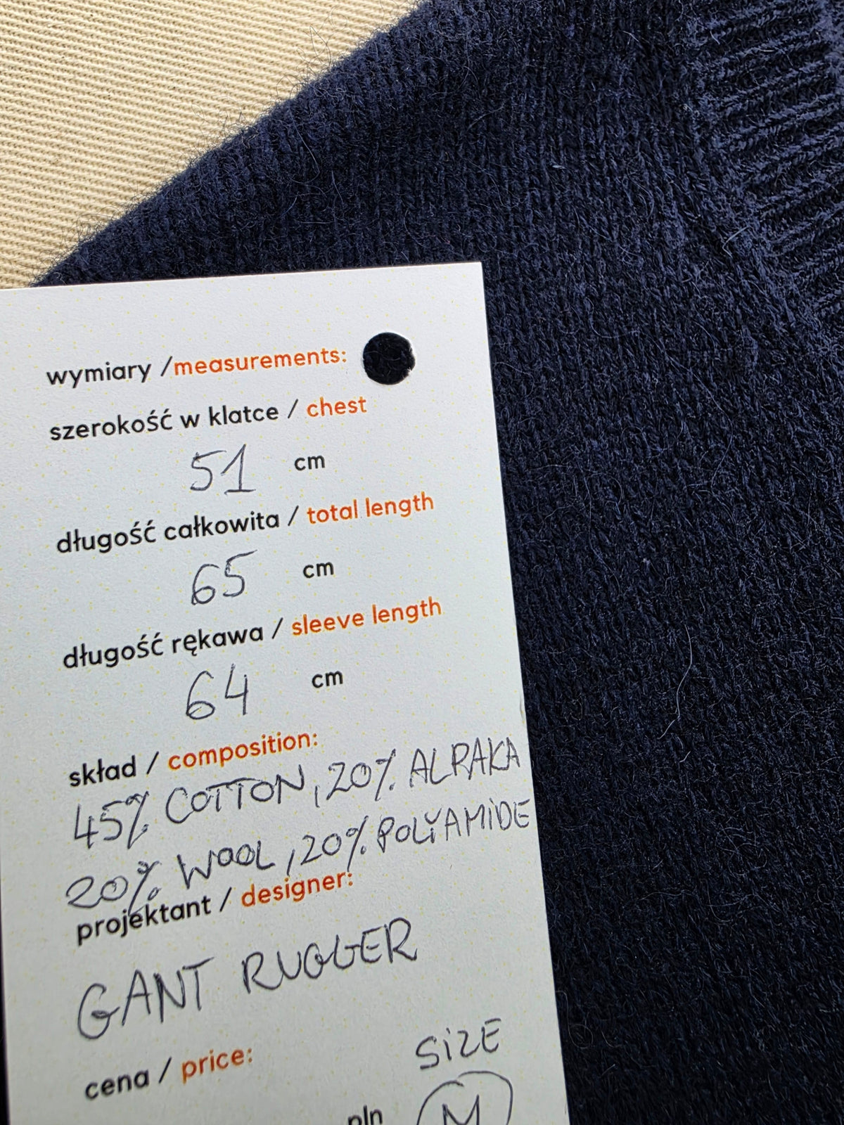 Sweter unisex Gant Rugger wełniany z alpaką granatowy serek roz. M – detal 4 | vntg.studio™