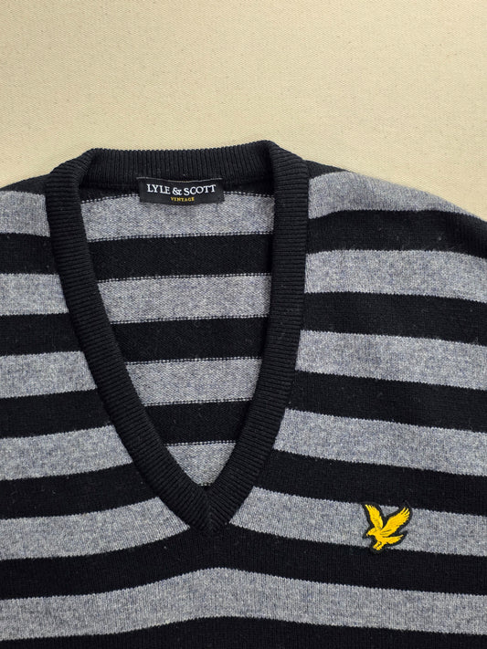 Sweter męski Lyle & Scott wełniany w paski szarno-czarny roz. L – detal 1 | vntg.studio™