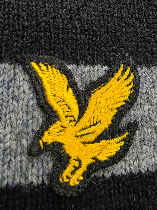 Sweter męski Lyle & Scott wełniany w paski szarno-czarny roz. L – detal 2 | vntg.studio™