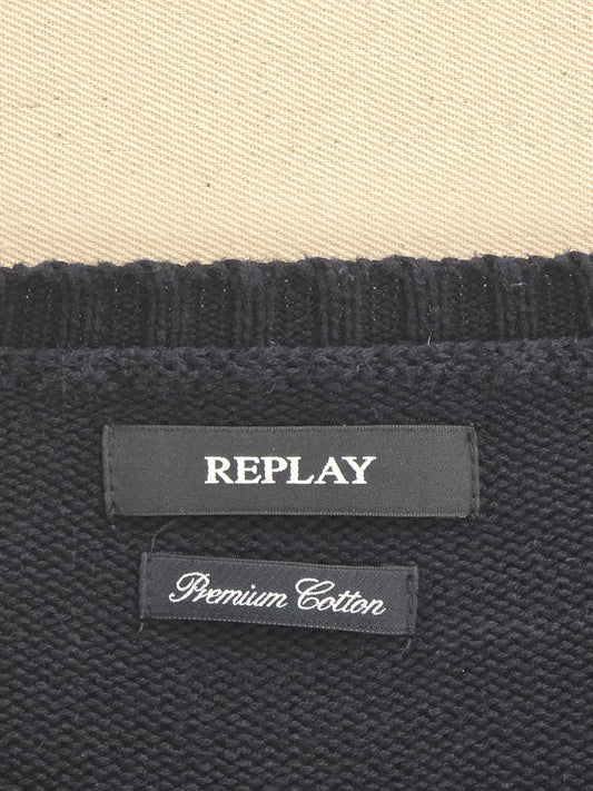 Sweter męski Replay Premium Cotton czarny okrągły dekolt roz. L – detal 2 | vntg.studio™