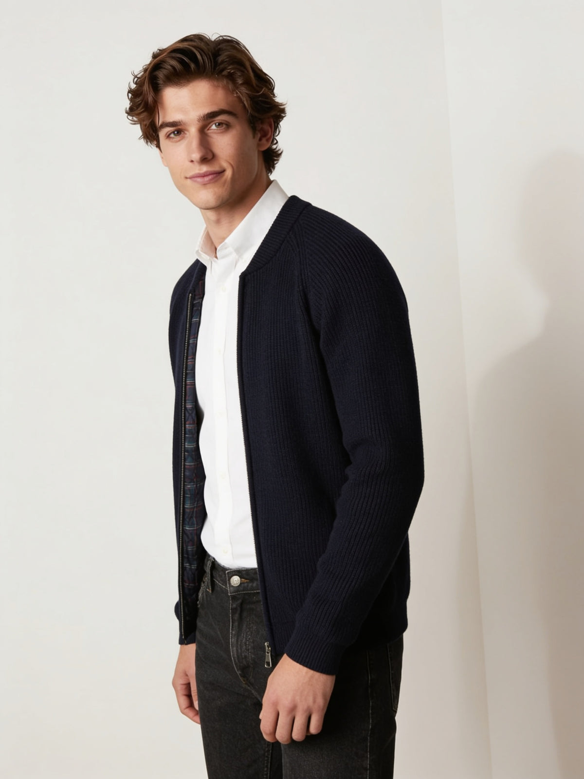 Cardigan męski Gant wełniany z pikowaną podszewką granatowy roz. XL – widok frontu | vntg.studio™