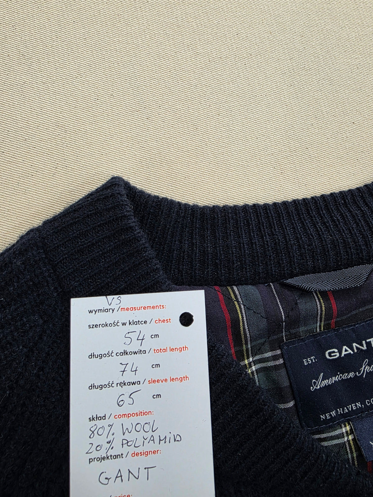 Cardigan męski Gant wełniany z pikowaną podszewką granatowy roz. XL – detal 4 | vntg.studio™