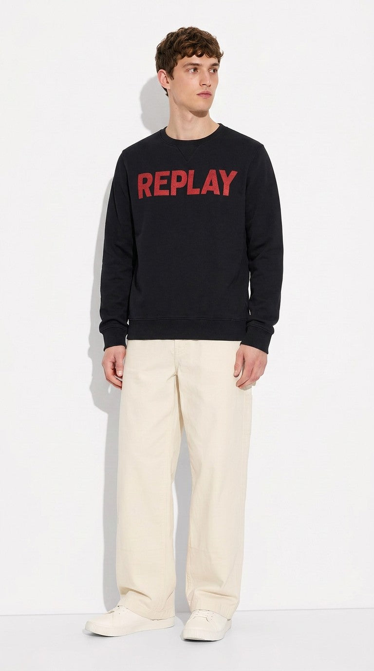 Bluza Bawełniana Replay Big Logo Czarna Rozmiar M