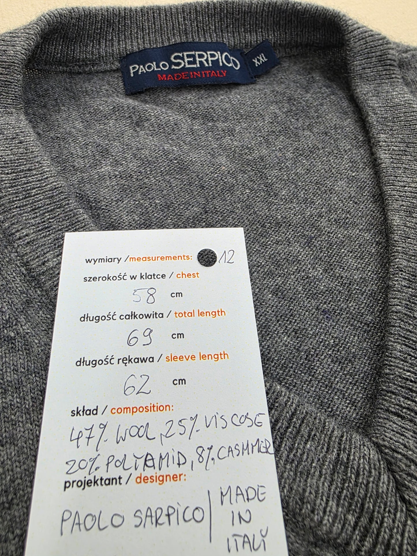 Paolo Serpico męski sweter w serek wełna merino kaszmir rozm. XXL
Opis: