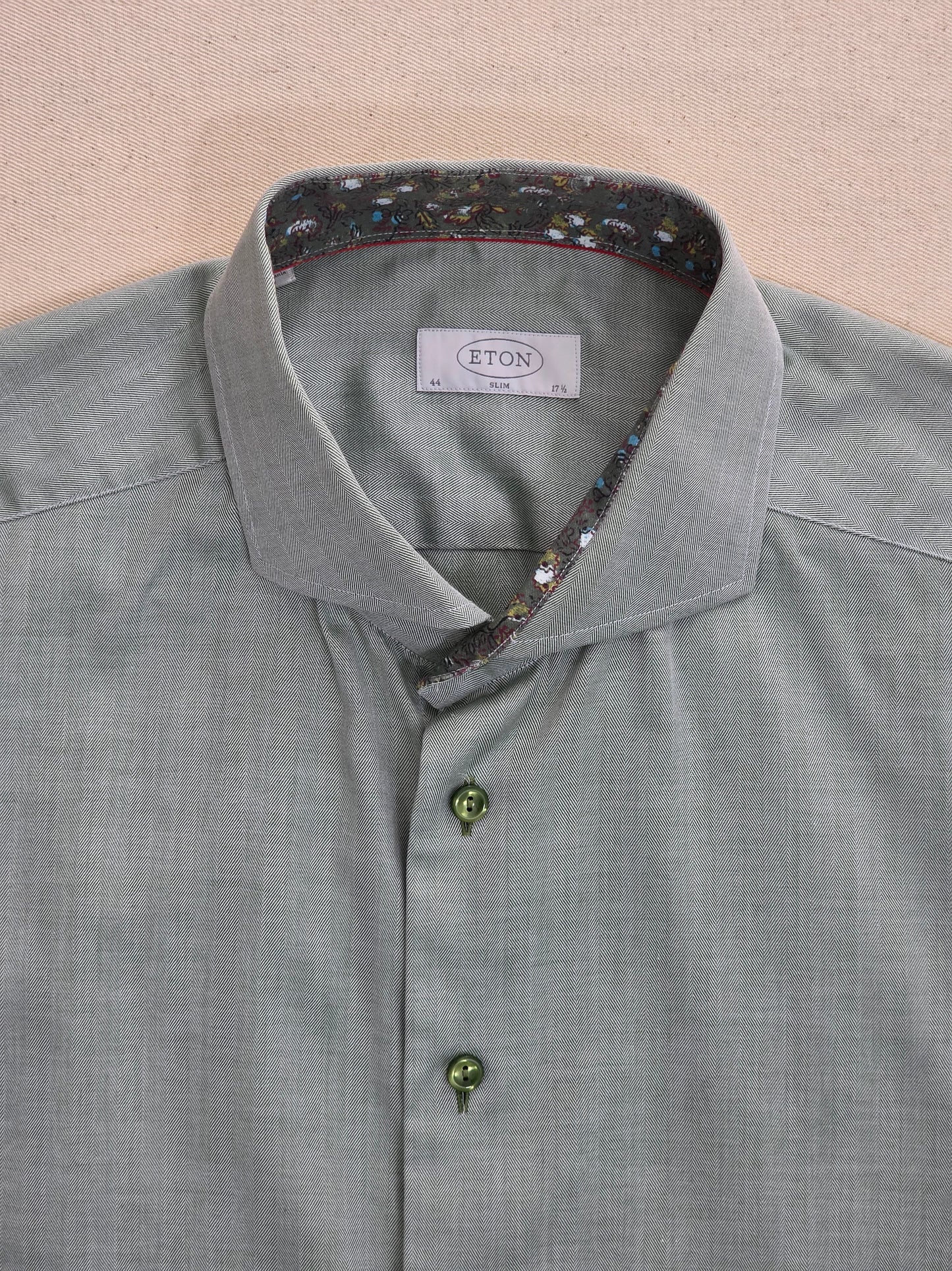 Eton Men's Herringbone Shirt | Slim Fit Green | Size L/XL