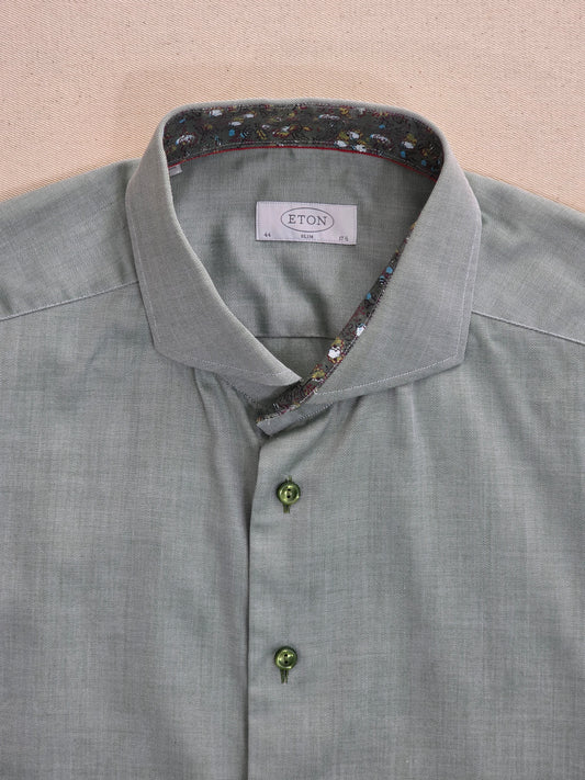 Eton Men's Herringbone Shirt | Slim Fit Green | Size L/XL