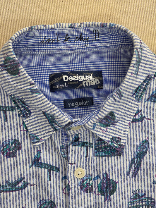 Desigual Koszula Męska w Mikropaski z Nadrukiem | Oxford | Rozm. L – detal 1 | vntg.studio™