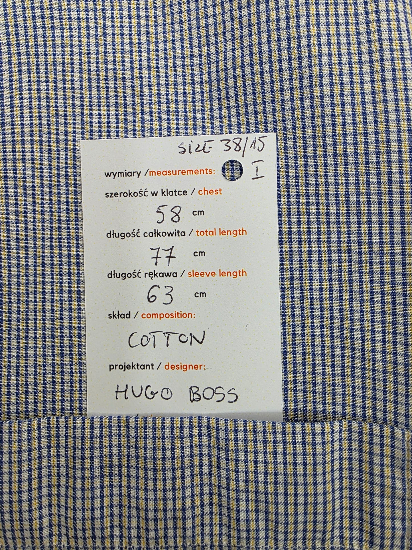Hugo Boss Koszula Męska w Drobną Kratkę Niebiesko-Żółtą | Rozm. 38/15 (S/M)