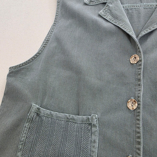 Kamizelka Bawełniana Nina Piccalino Vintage Made in USA Szara Khaki Rozmiar L (16) – detal 1 | vntg.studio™