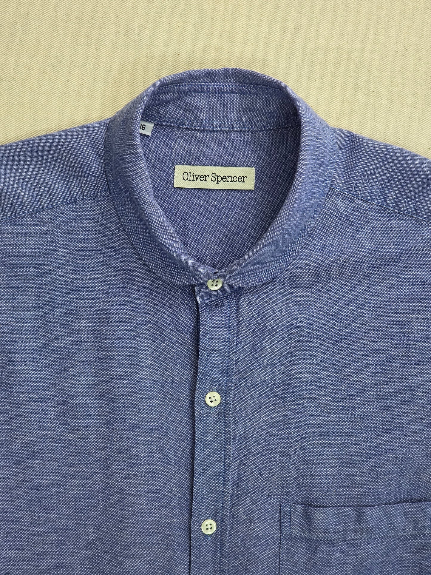 Oliver Spencer Koszula Bawełna i Len błękitna z zaokrąglonym kołnierzykiem (club collar) | Rozm. 16 (M/L)
