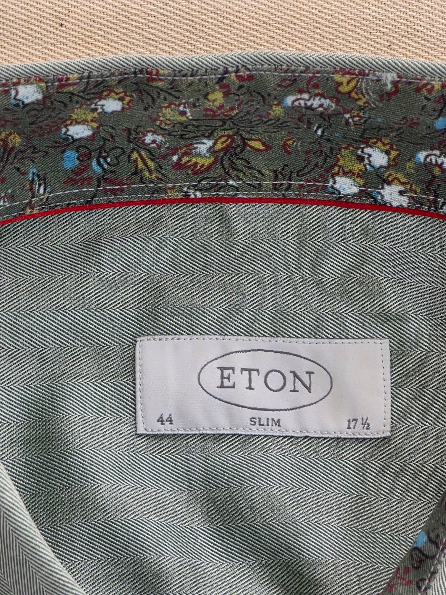 Eton Men's Herringbone Shirt | Slim Fit Green | Size L/XL
