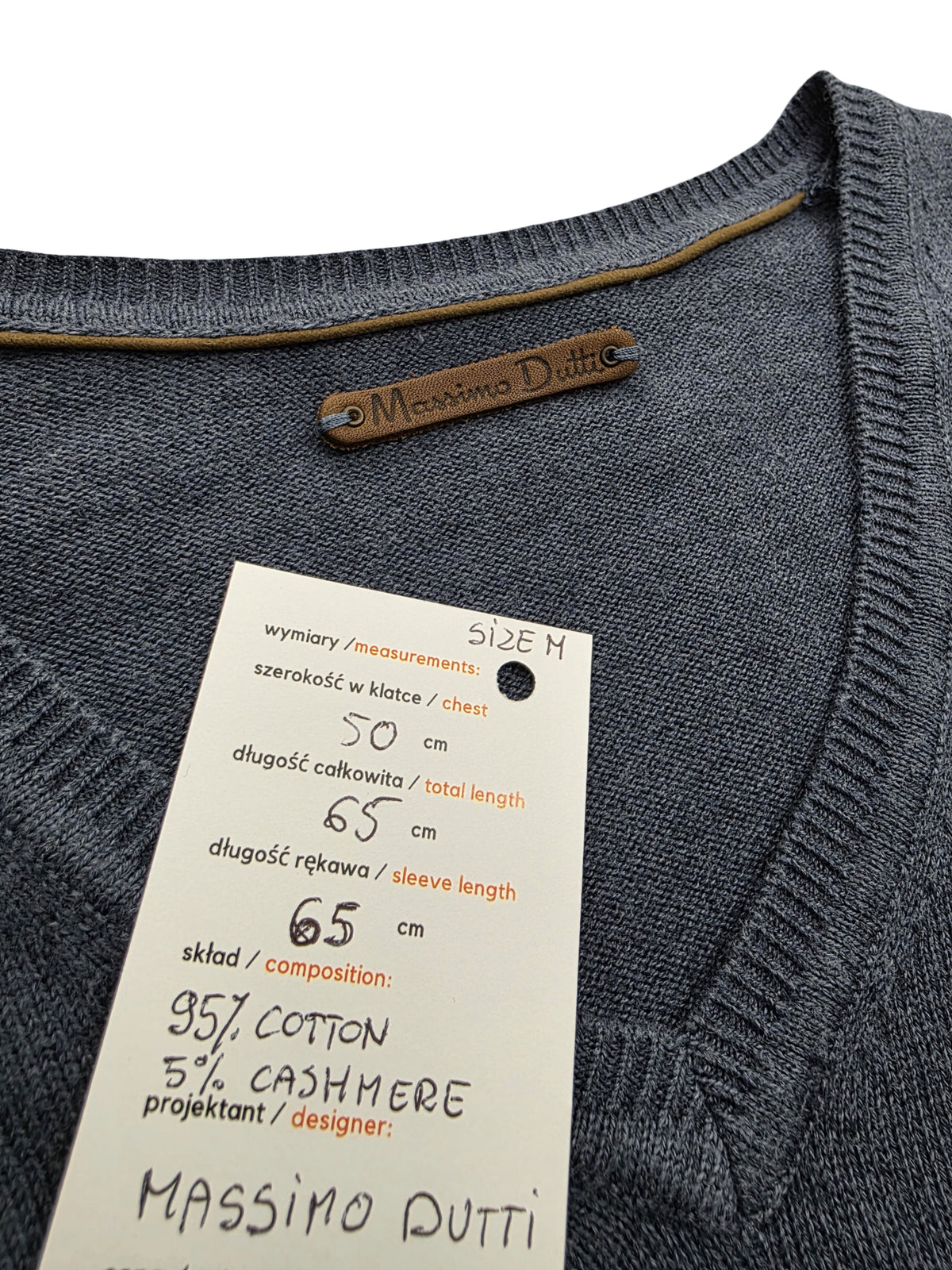 Sweter Massimo Dutti z Bawełny i Kaszmiru Granatowy w Serek z Łatami