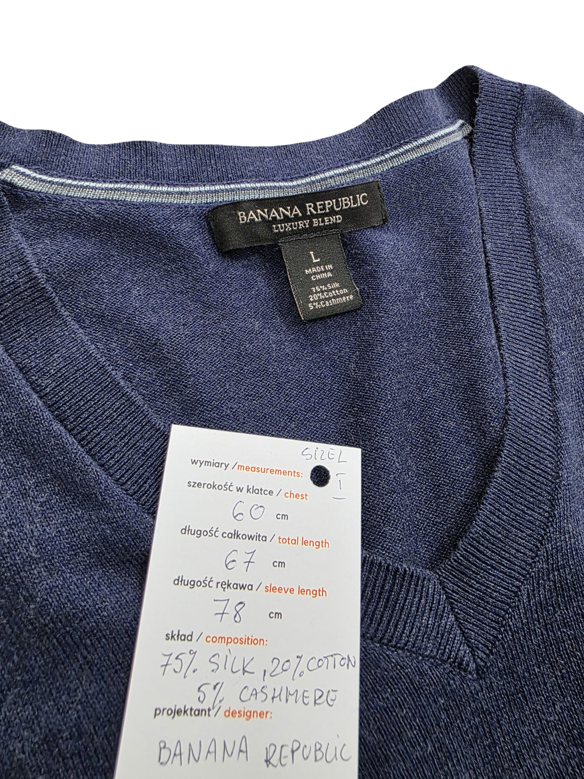 Sweter Banana Republic V-Neck Jedwab Bawełna Kaszmir Granatowy Rozmiar L %