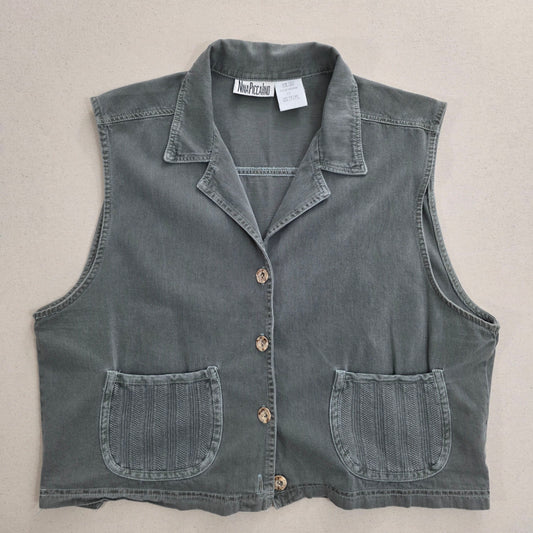 Kamizelka Bawełniana Nina Piccalino Vintage Made in USA Szara Khaki Rozmiar L (16) – widok frontu | vntg.studio™
