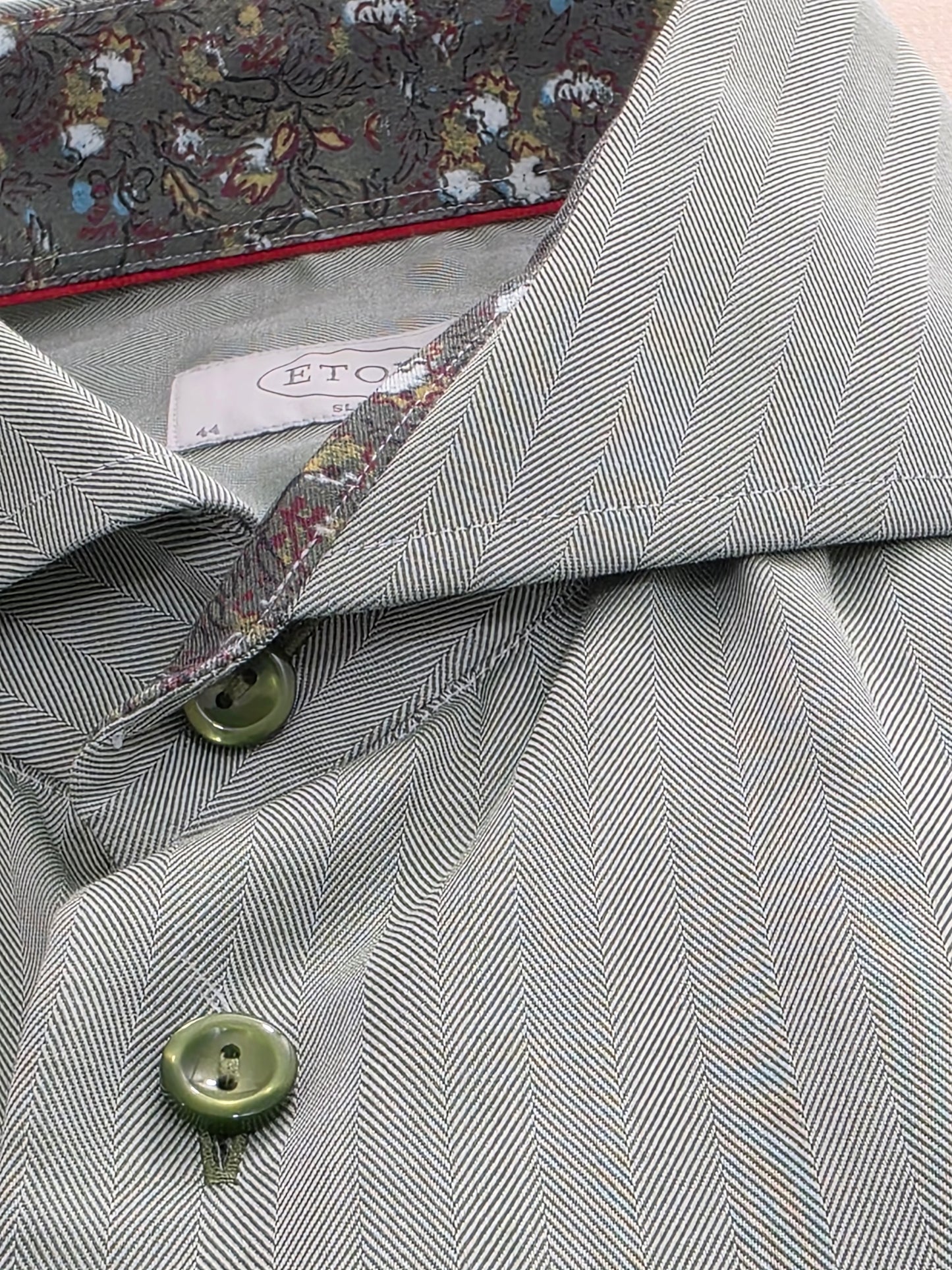 Eton Men's Herringbone Shirt | Slim Fit Green | Size L/XL