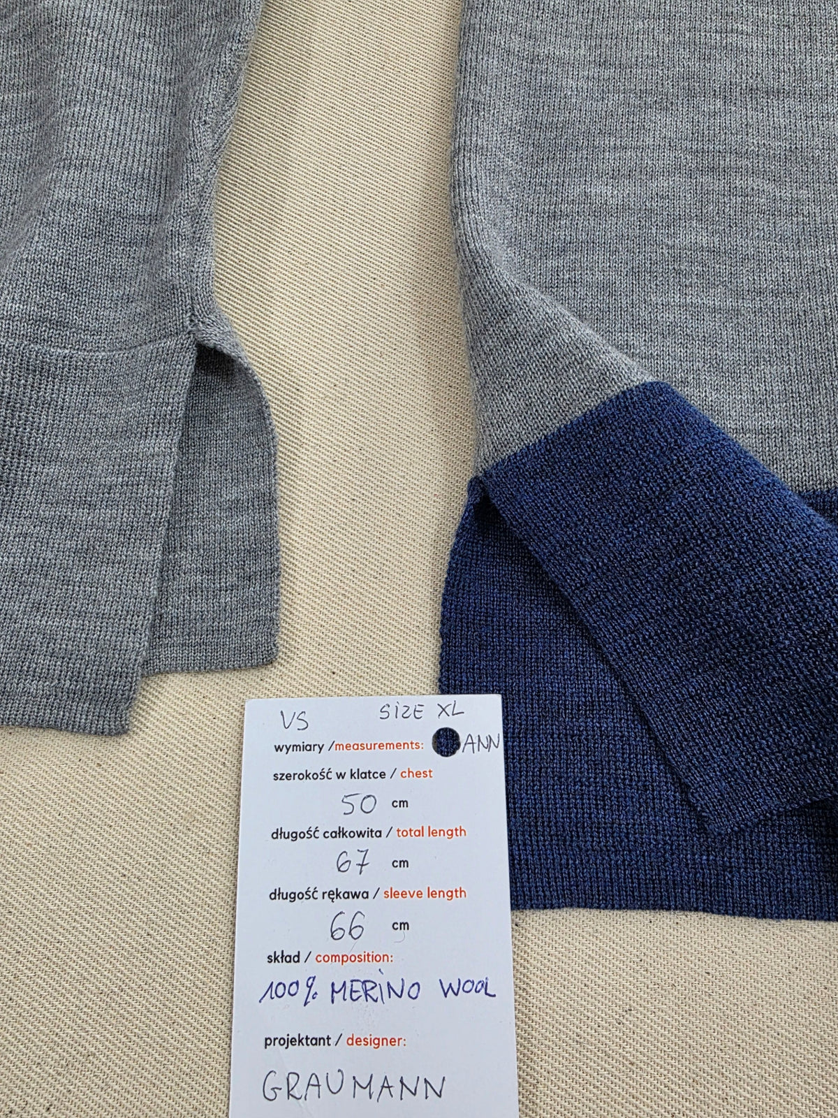 Sweter damski Graumann z wełny merynosa szary melanż roz. XL – detal 4 | vntg.studio™