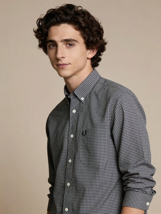 Fred Perry Koszula w Kratę Gingham Retro | Czarno-Biała | Rozm. S – widok frontu | vntg.studio™